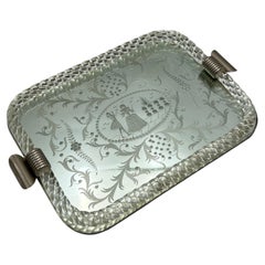 Bandeja de tocador primitiva de los años 40, de Murano, con diseño de cuerda de cristal retorcido y grabados en espejo