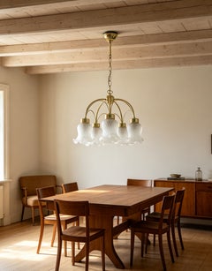 c.1970s 5-Light Frosted Tulip Chandelier, Brass & Glass