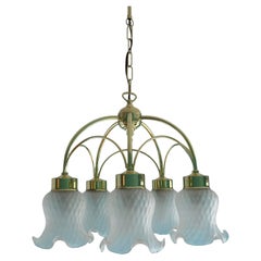 c.1970s 5-Light Frosted Tulip Chandelier, Brass & Glass