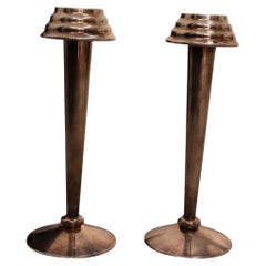 Art Deco Pair of Nickel Plated Brass Candle Holders, Italy, 1930s