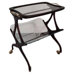 Mid-century modern wood brass bar cart magazine rack by Cesare Lacca Italy 1950s
