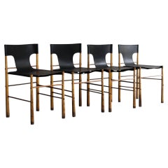 Mid-Century Modern italian leather dining chairs brass Frigerio style, 1970s