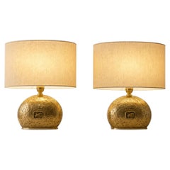 Pair of 1970s Italian Cast Brass Table Lamps with Oval Shades