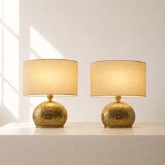 Pair of 1970s Italian Cast Brass Table Lamps with Oval Shades