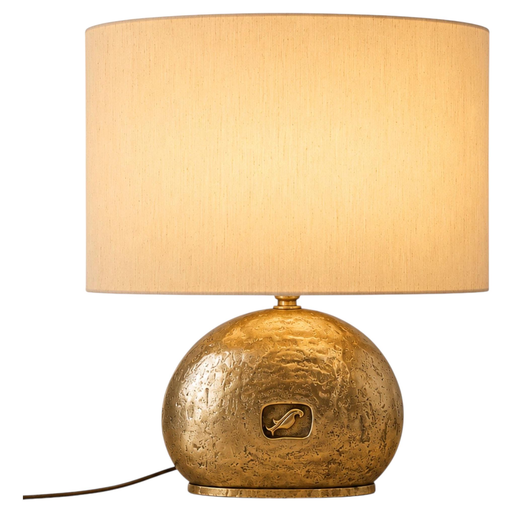 Large 1970s Italian Massive Cast Brass Table Lamp with Oval Shade For Sale