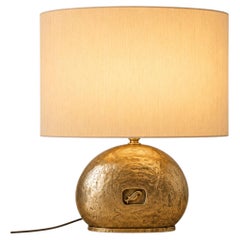Large 1970s Italian Massive Cast Brass Table Lamp with Oval Shade