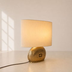 Large 1970s Italian Massive Cast Brass Table Lamp with Oval Shade