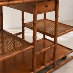 Italian Faux Bamboo Wood Serving Table with Vienna Straw Shelves, 1970s