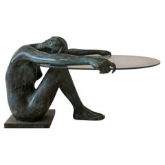 1950s French Sculptural Bronze Female Nude Coffee Table with Glass Top