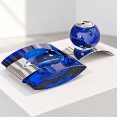 Juego para fumadores al estilo Fontana Arte de los años 70: cenicero y mechero de cristal de Murano, azul cobalto