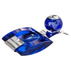 Juego para fumadores al estilo Fontana Arte de los años 70: cenicero y mechero de cristal de Murano, azul cobalto