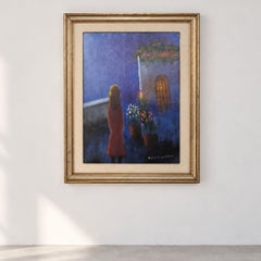Cuadro italiano de Eliano Fantuzzi de los años 70, óleo sobre lienzo, titulado «Mujer en una escena nocturna»