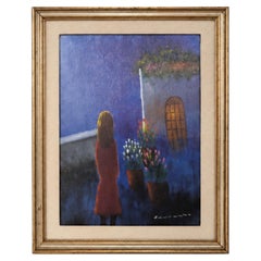 Cuadro italiano de Eliano Fantuzzi de los años 70, óleo sobre lienzo, titulado «Mujer en una escena nocturna»