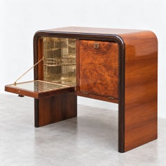 40s Italian Art Deco Walnut Burl Mirror Mosaic Dry Bar Cabinet, Gio Ponti Style