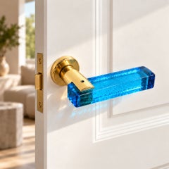 Set of Six 1970s Italian Blue Murano Glass and Brass Door Handles