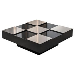 1970s Italian Square Black Lacquer and Steel Coffee Table by Willy Rizzo