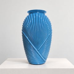 20th Century Art Deco Style Turquoise Blue Ribbed Glass Vase, France