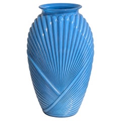 20th Century Art Deco Style Turquoise Blue Ribbed Glass Vase, France