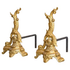 Pair of Late 19th Century Italian Iron Gilt Bronze Andirons style Louis Philippe