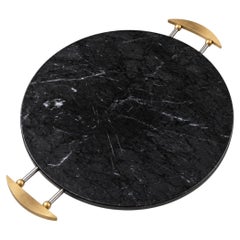 1990s Black Marquina Marble Brass Round Serving Tray Centerpiece by La Galleria