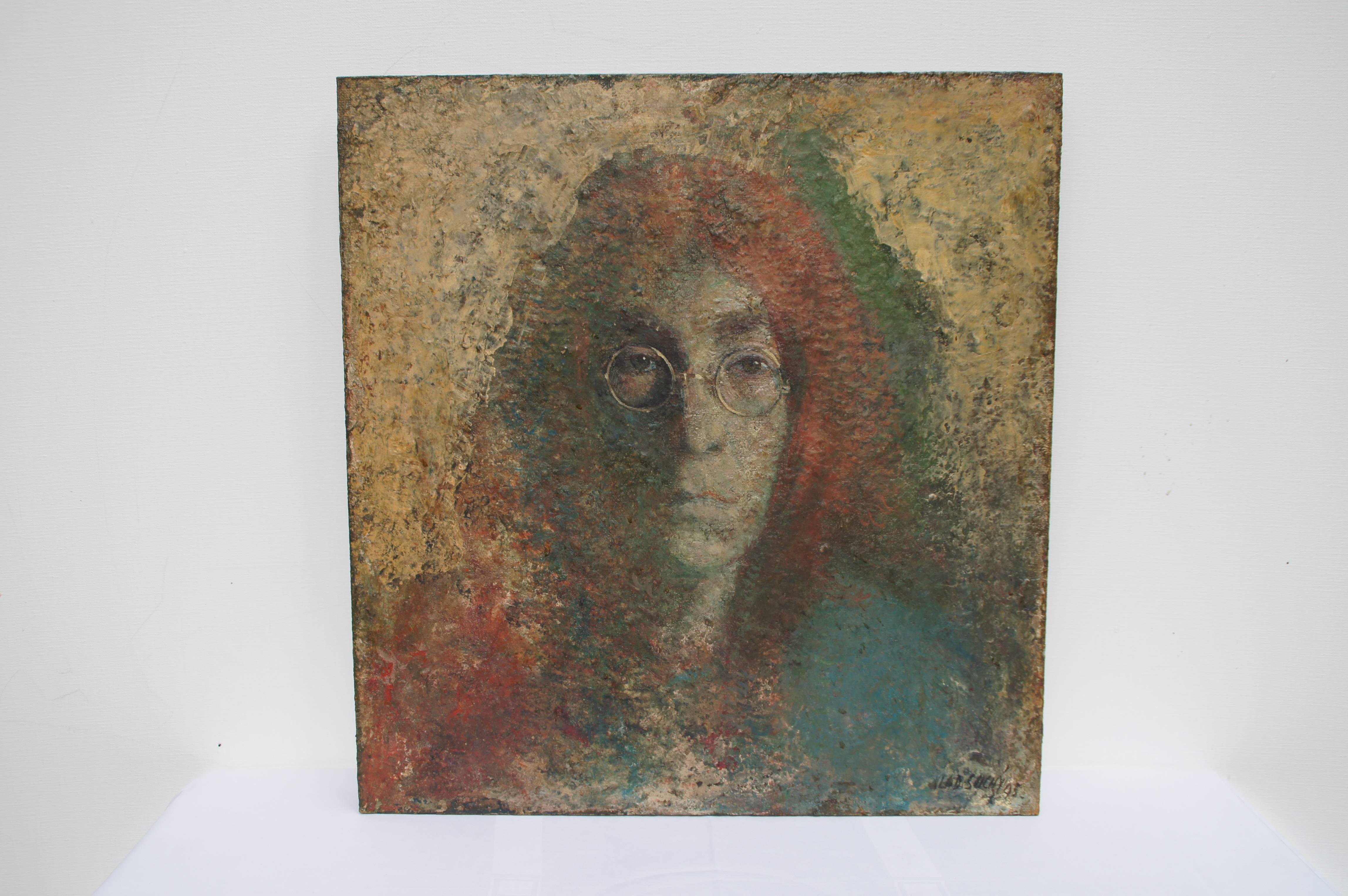 Painted Painting Depicting John Lennon, Signed by Vladimir Suchy