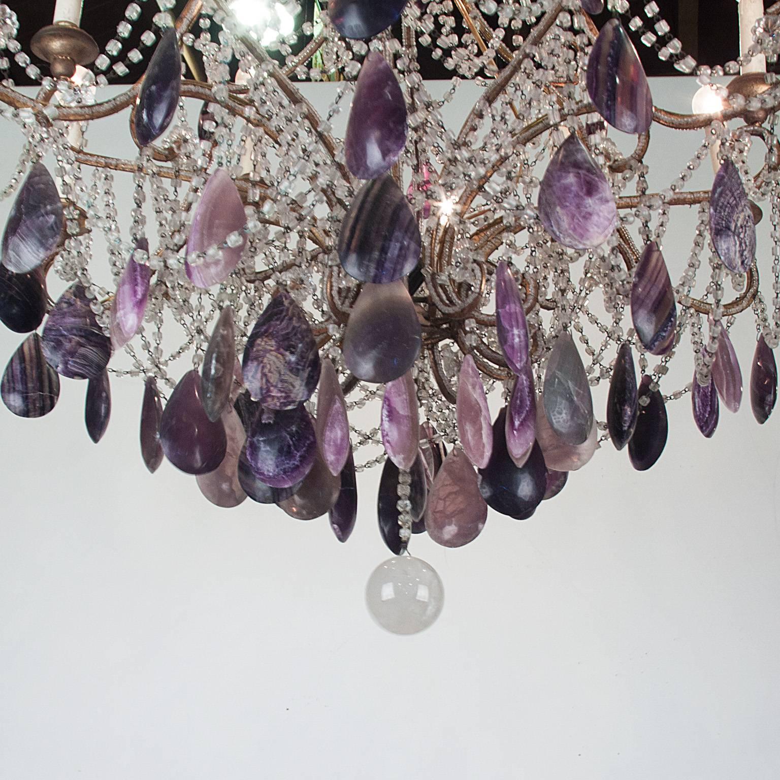 19th century Bronze chandelier with blue john gemstones and glass.
 