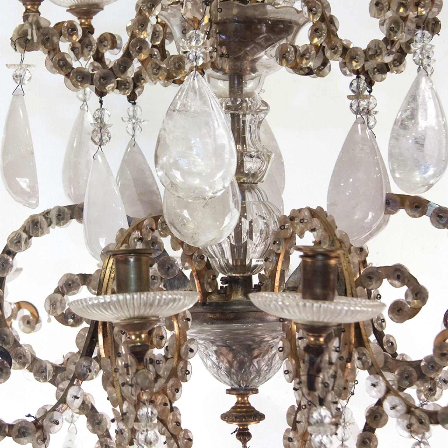Bronze 19th Century Chandelier of Rock Crystal and Glass