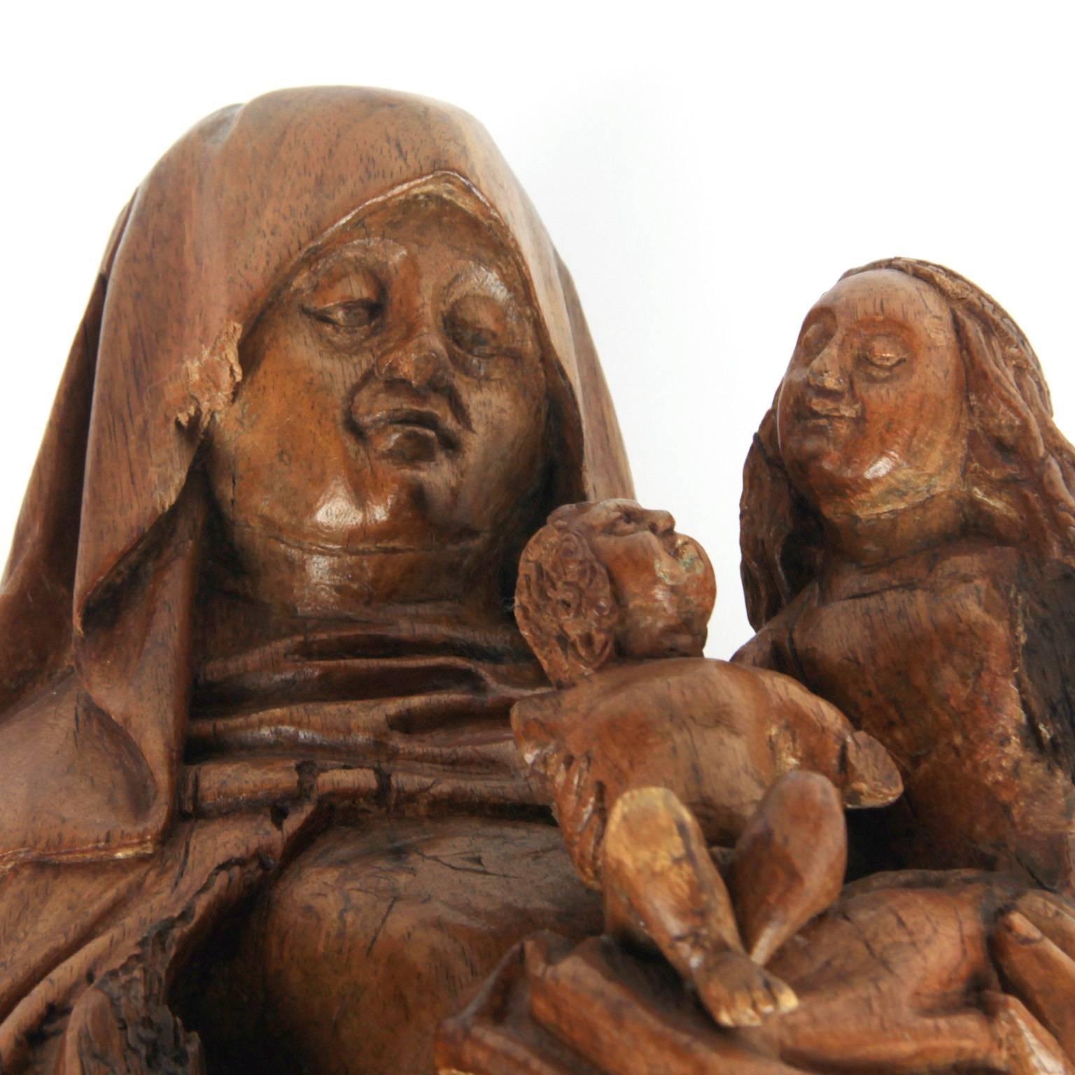 18th Century and Earlier Walnut Wooden Anna Selbdritt Group, circa 1480, Brabant, Malines