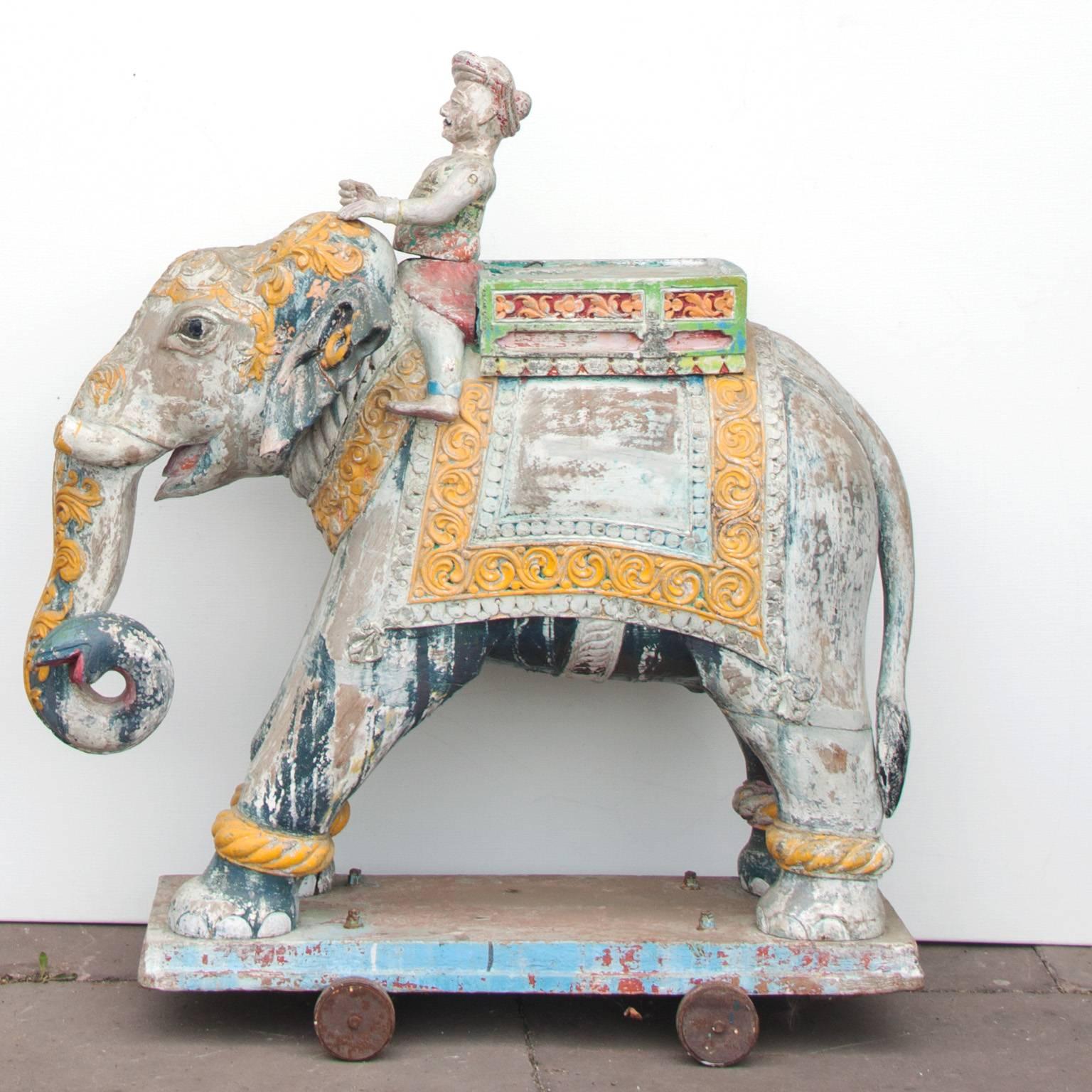 Indian Set of Two Wooden Painted 19th Century Elephants, India