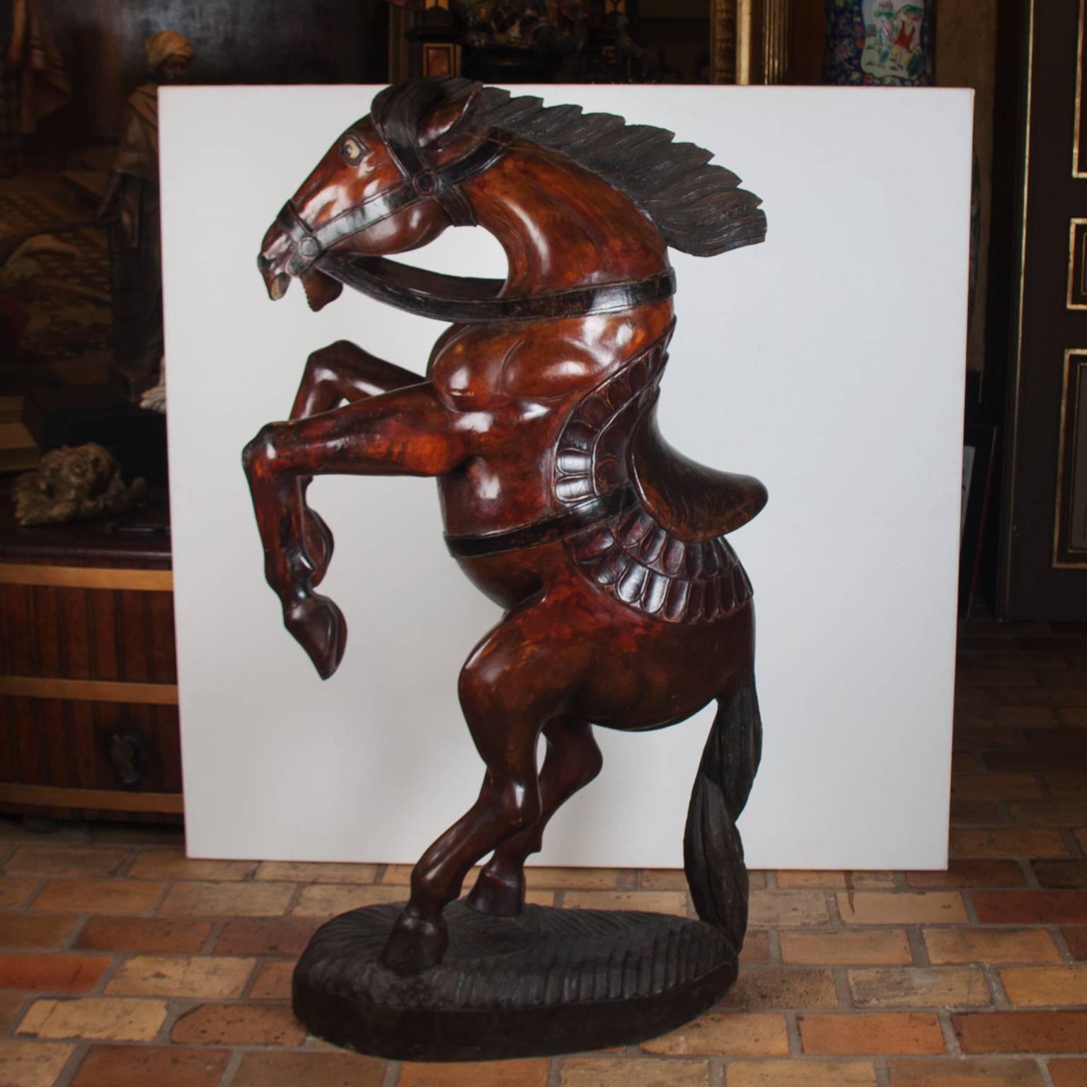 English Pair of Wooden Polychromed Horses, circa 1780-1820, Probably England
