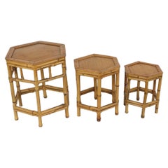 Vintage Set of 3 Bamboo and Rattan Side Tables / Nesting Tables – Boho Style