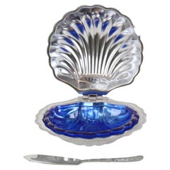 Vintage Blue Glass Queen Anne Scallop Shell Butter Dish