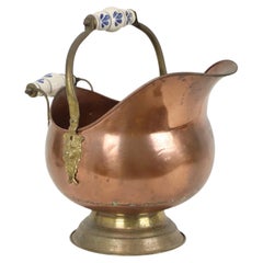 Antique Copper Helmet-Shaped Coal Scuttle with Lion Heads and Delft Ceramic Deta