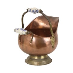 Antique Copper Helmet-Shaped Coal Scuttle with Lion Heads and Delft Ceramic Deta