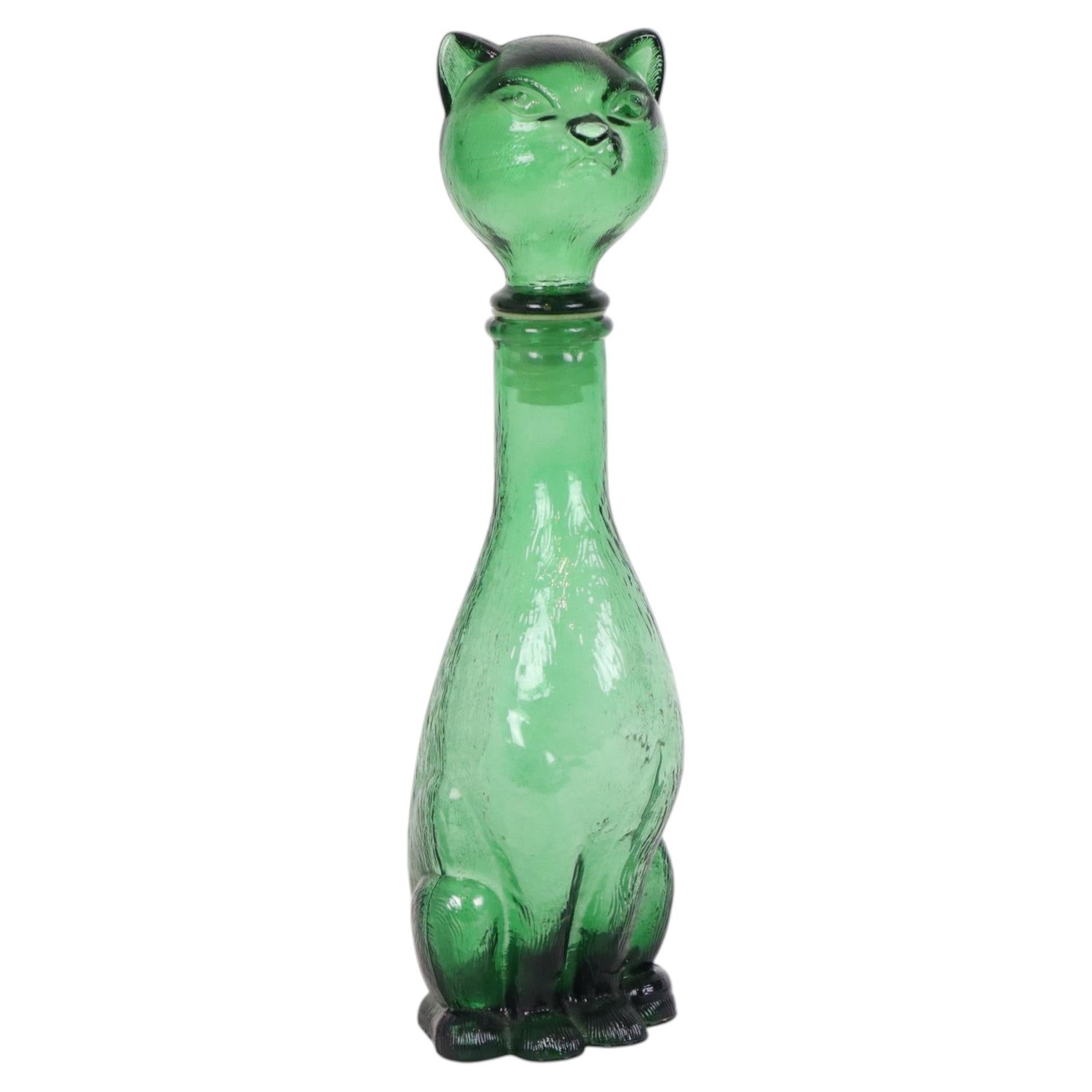 Large Green Glass Cat Decanter, Empoli, Italy, 37 cm