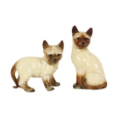 Pair of Siamese Cat Figurines, Glazed Ceramic, Japan