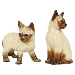 Pair of Siamese Cat Figurines, Glazed Ceramic, Japan