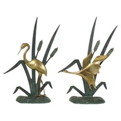Mid-Century Heron and Duck Figurines Brass and Green Metal 35 cm