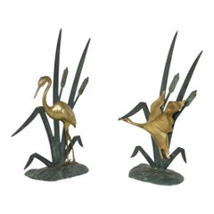 Mid-Century Heron and Duck Figurines Brass and Green Metal 35 cm