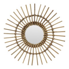 Mid-Century Rattan and Bamboo Sunburst Mirror, France, 58 cm