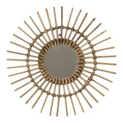 Mid-Century Rattan and Bamboo Sunburst Mirror, France, 58 cm