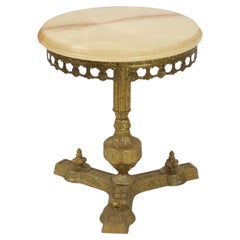 Vintage Brass Side Table with Round Onyx Marble Top