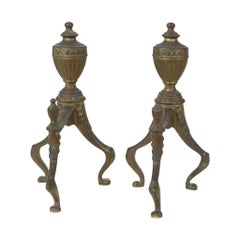 British Antique Brass Fire Dogs, Victorian, Marked, circa 1880