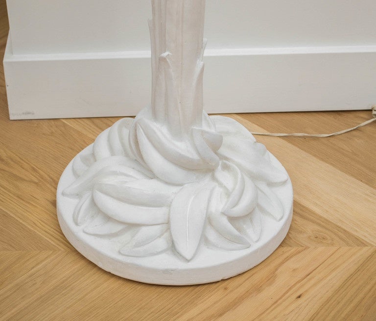 Frances Elkins Mid-Century Classic. Original signature flame torchiere, interpretation of Serge Roche 1930s design. In natural white unpainted plaster. With age it has acquired a lovely patina as she intended.