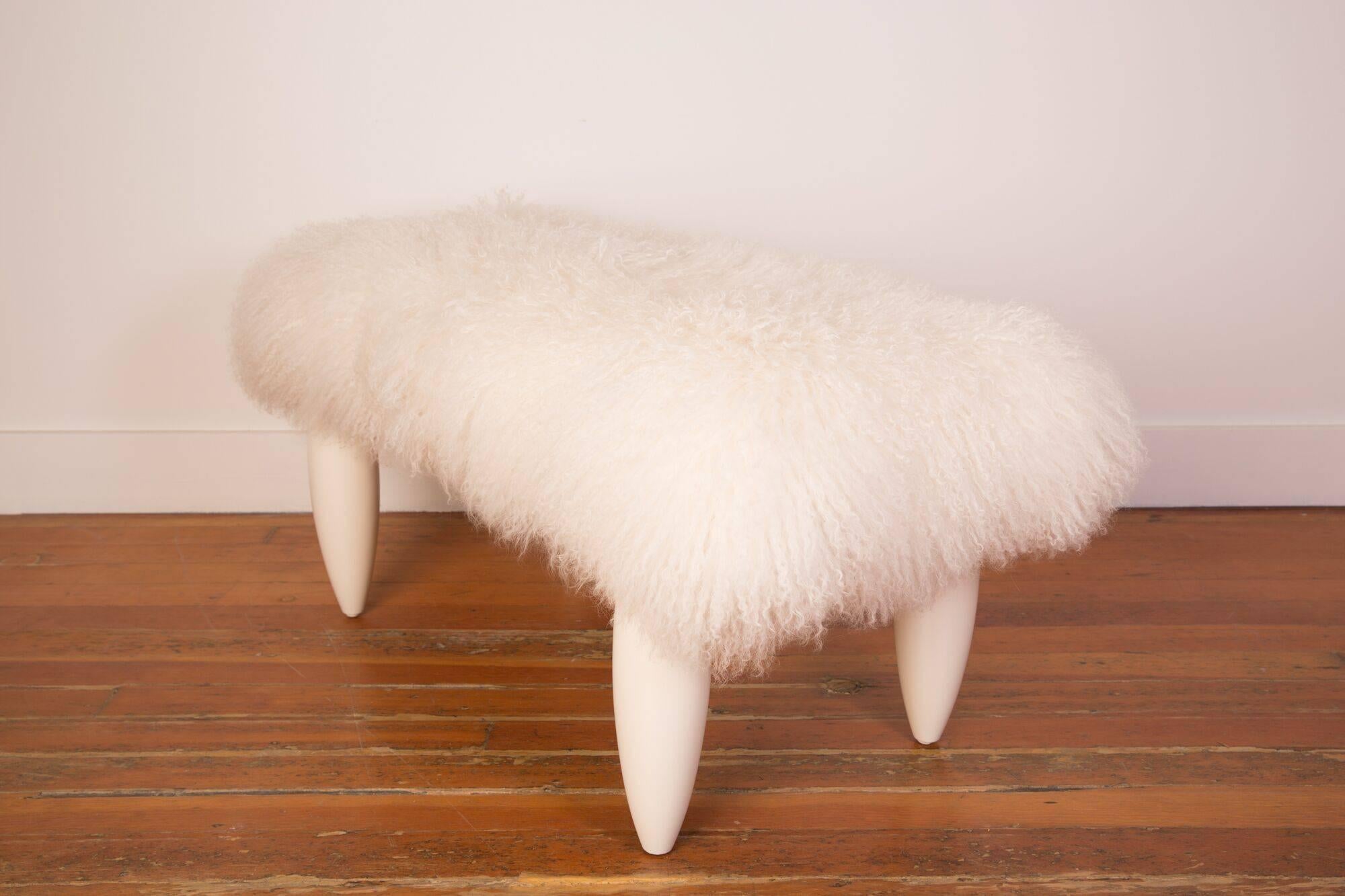 American White Lacquered Bench in a Mongolian Fur Seat