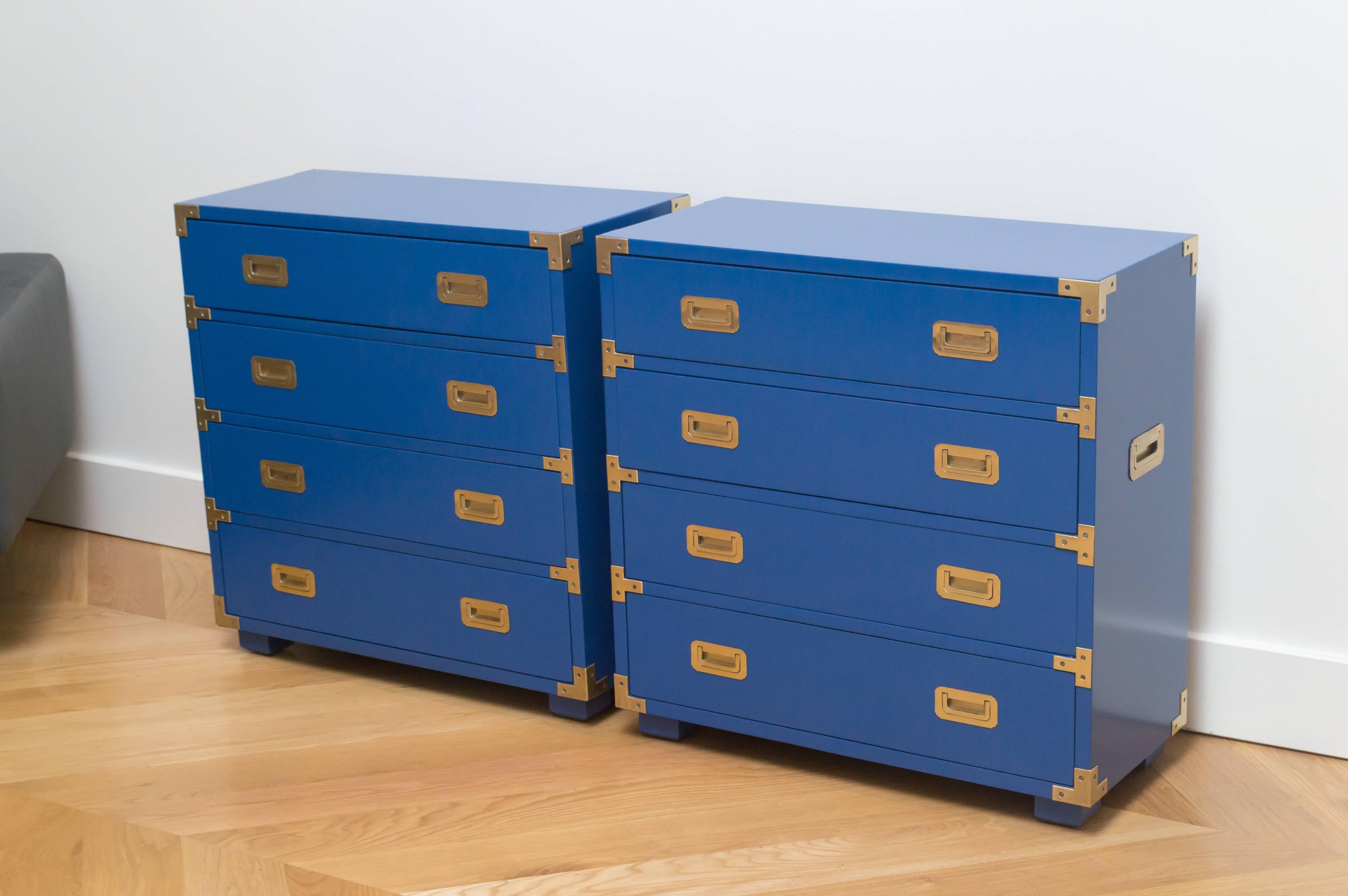 Great pair of vibrant blue lacquered Henredon campaign chests.