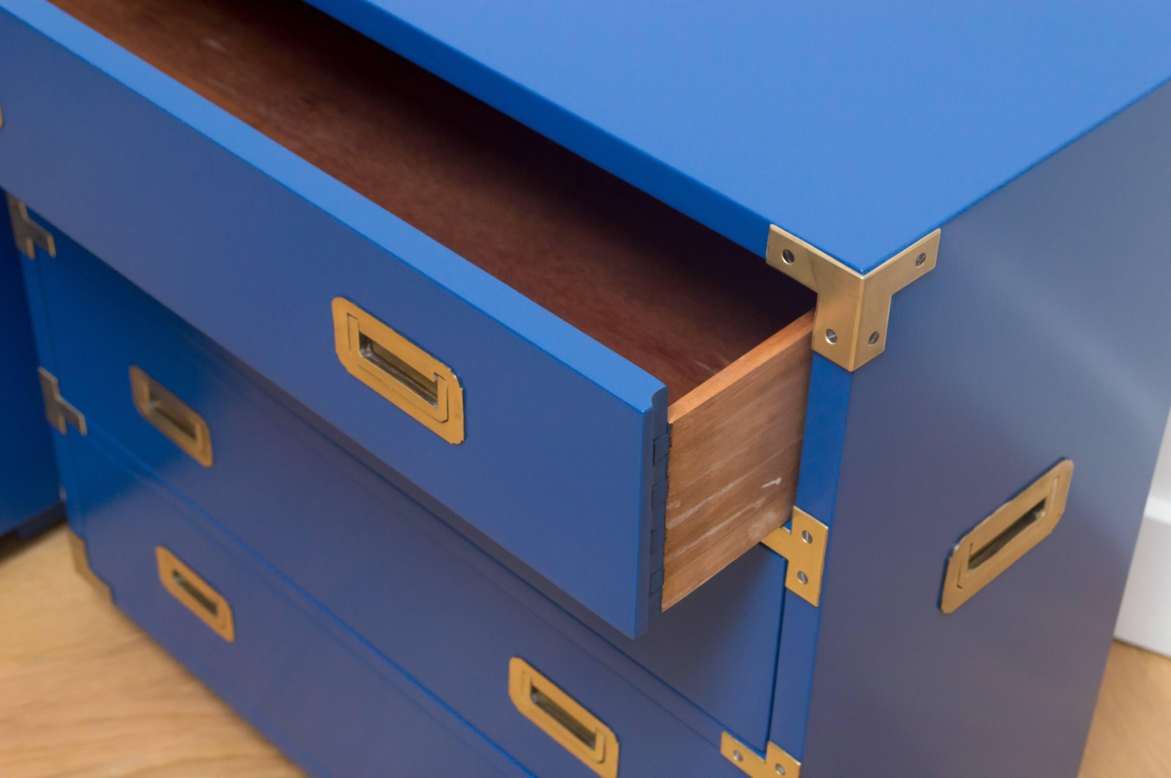 Mid-20th Century Blue Lacquered Pair of Henredon Campaign Chests