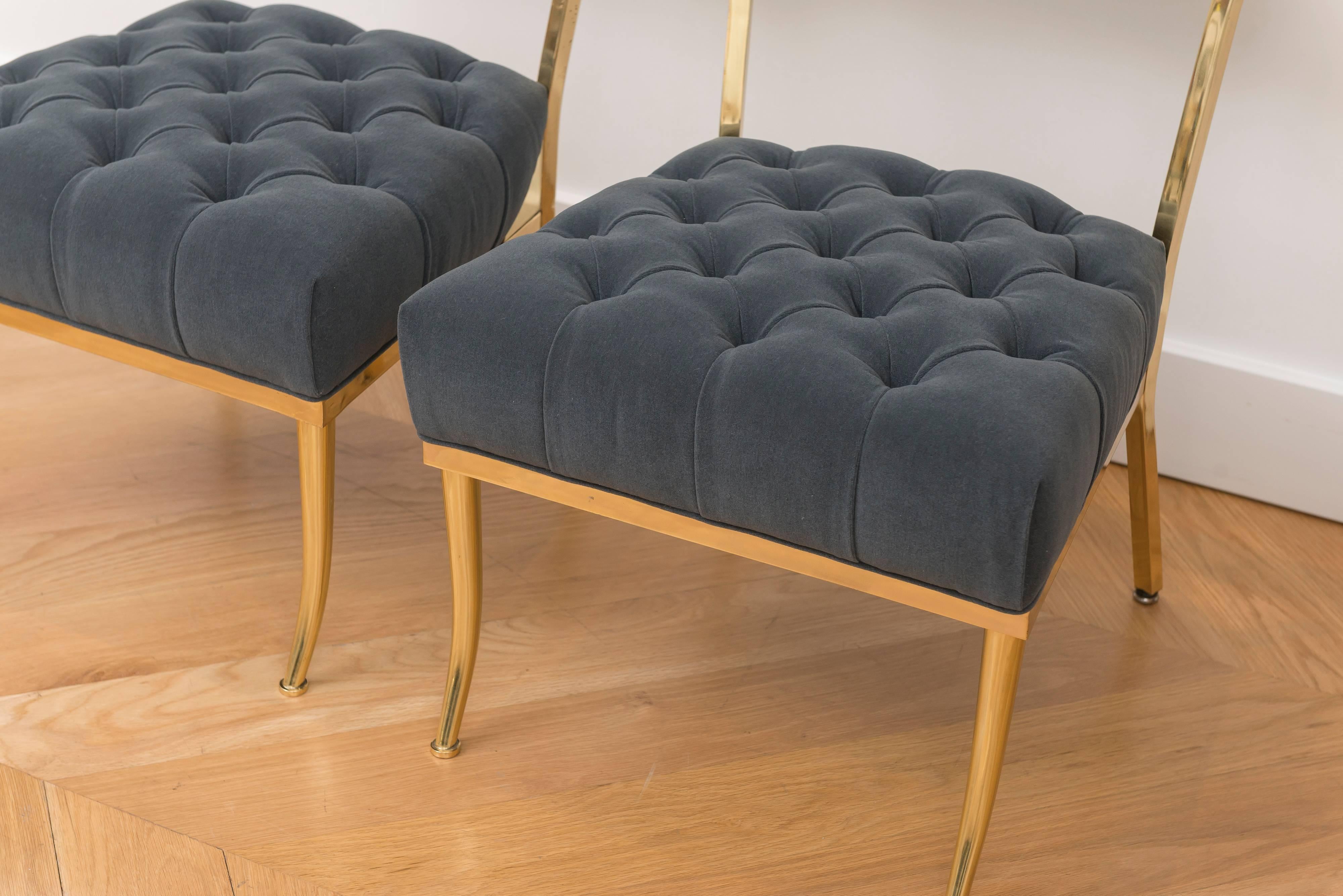 William Haines polished brass chairs with new wool velvet upholstery.