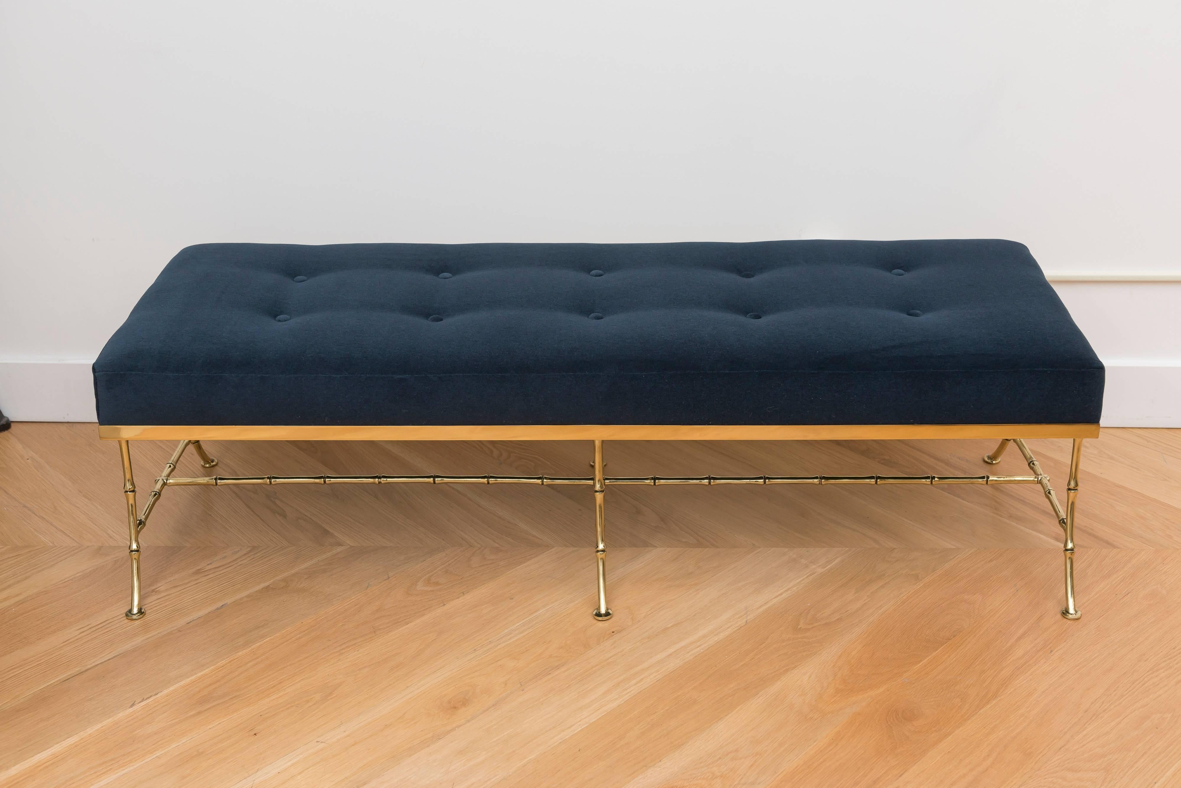 Polished brass faux bamboo Italian bench upholstered in a velvet mohair.