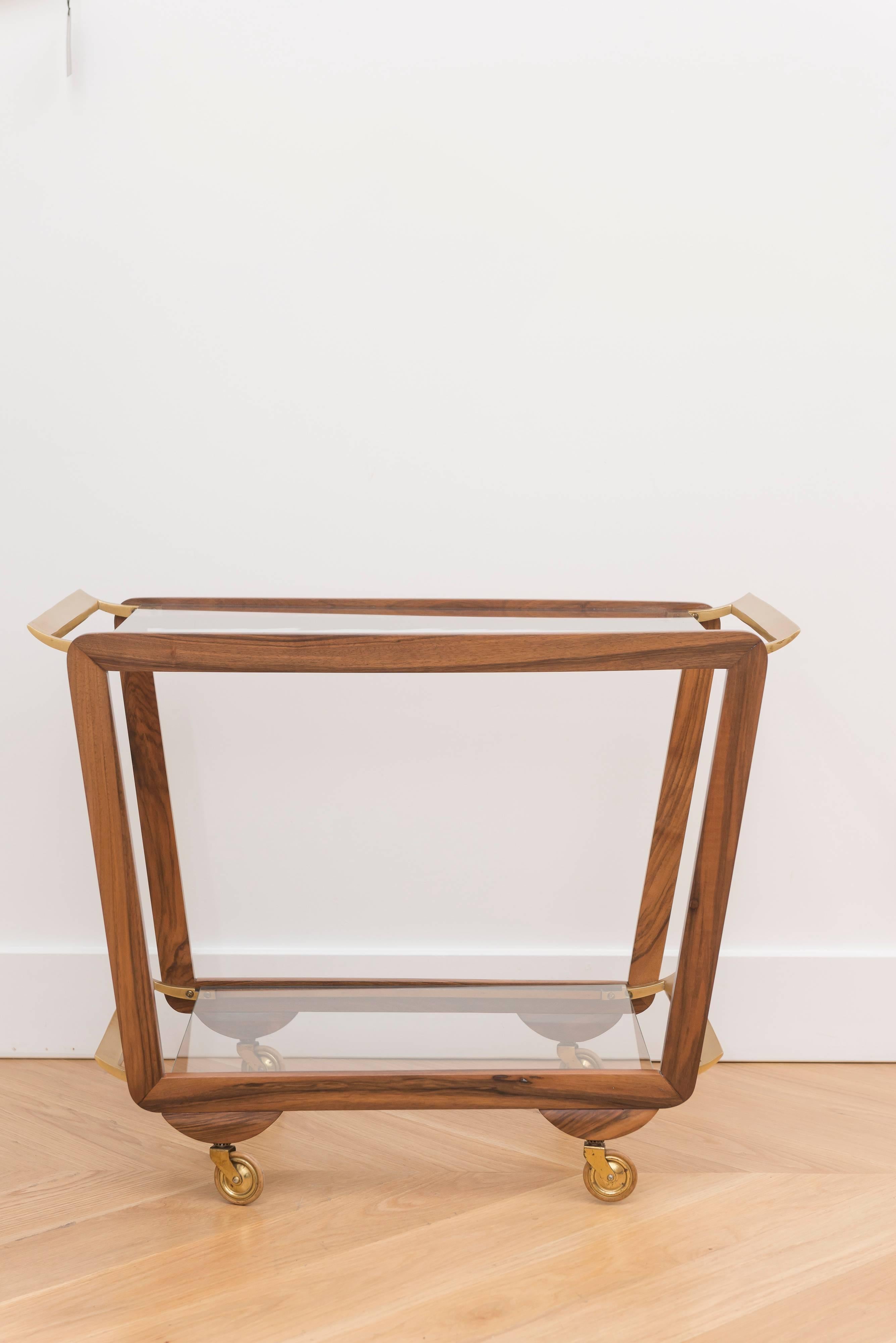 Walnut and brass plate bar cart, completely restored.